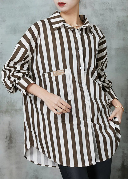 Chic Khaki Oversized Striped Cotton Shirt Tops Spring JK1001 Ada Fashion