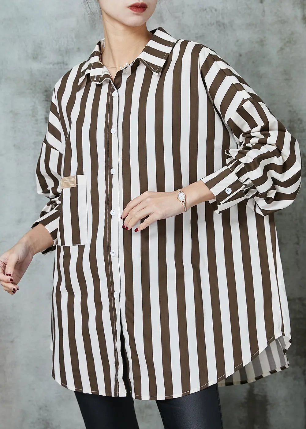 Chic Khaki Oversized Striped Cotton Shirt Tops Spring JK1001 Ada Fashion