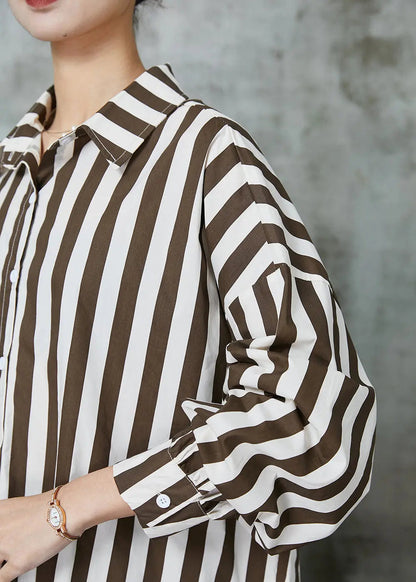 Chic Khaki Oversized Striped Cotton Shirt Tops Spring JK1001 Ada Fashion