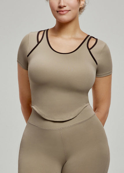 Hollow Patchwork Chic Yoga Tops Khaki Tank Summer Out FashionChic