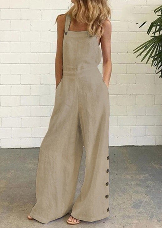 Khaki Cotton Chic Patchwork Pockets Jumpsuit Button Summer FashionChic