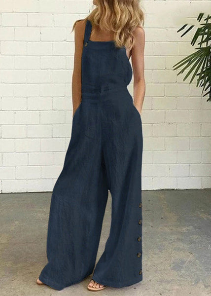 Khaki Cotton Chic Patchwork Pockets Jumpsuit Button Summer FashionChic