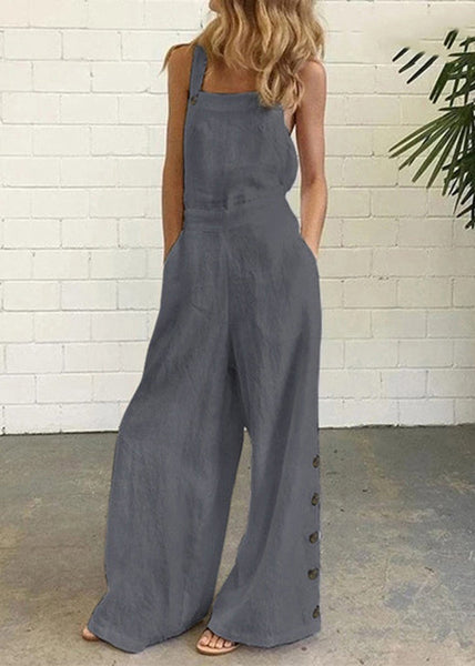 Khaki Cotton Chic Patchwork Pockets Jumpsuit Button Summer FashionChic