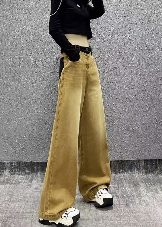 Chic Khaki Pockets Patchwork Denim Wide Leg Pants Fall RI007 ABC