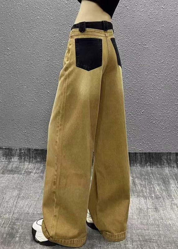 Chic Khaki Pockets Patchwork Denim Wide Leg Pants Fall RI007 ABC