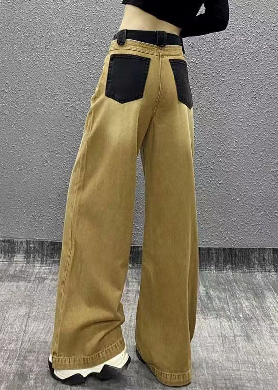 Chic Khaki Pockets Patchwork Denim Wide Leg Pants Fall RI007 ABC