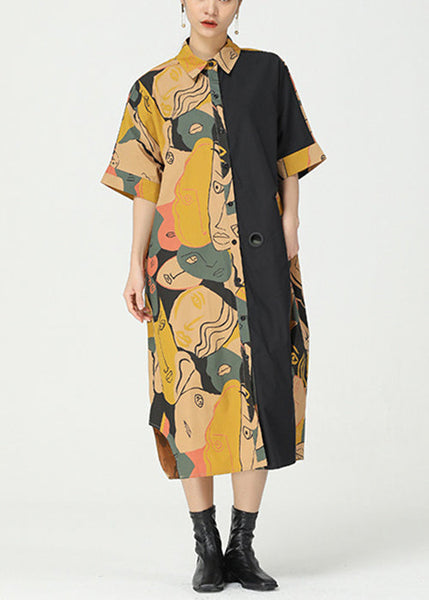 Chic Khaki Print Pockets Patchwork Cotton Shirts Dress Short Sleeve AA1033 Ada Fashion