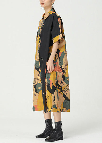 Chic Khaki Print Pockets Patchwork Cotton Shirts Dress Short Sleeve AA1033 Ada Fashion