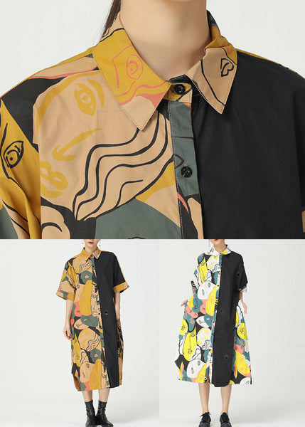 Chic Khaki Print Pockets Patchwork Cotton Shirts Dress Short Sleeve AA1033 Ada Fashion