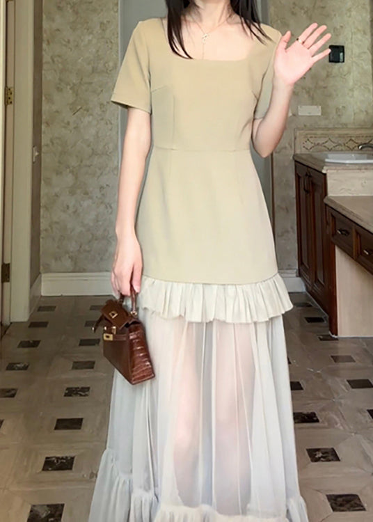 Chic Khaki Square Collar Ruffled Patchwork Cotton Long Dresses Summer ZL066 SH-LF-SDL240621