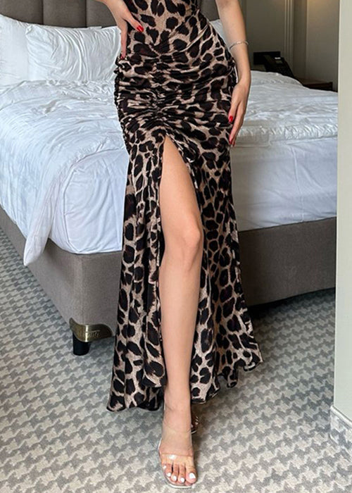 Side Chic Spaghetti Open Drawstring Dress Cotton Strap Leopard FashionChic