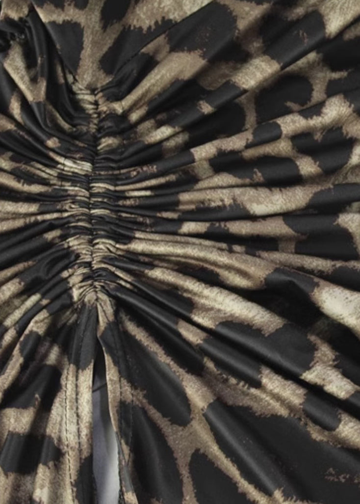 Side Chic Spaghetti Open Drawstring Dress Cotton Strap Leopard FashionChic