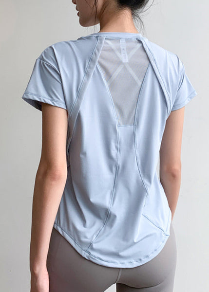 Patchwork Short Light Yoga Tulle Sleeve Blue Top Chic FashionChic