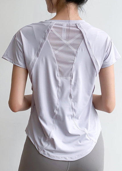 Patchwork Short Light Yoga Tulle Sleeve Blue Top Chic FashionChic