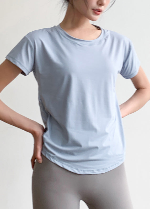 Patchwork Short Light Yoga Tulle Sleeve Blue Top Chic FashionChic