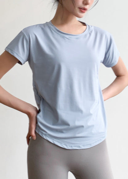 Patchwork Short Light Yoga Tulle Sleeve Blue Top Chic FashionChic