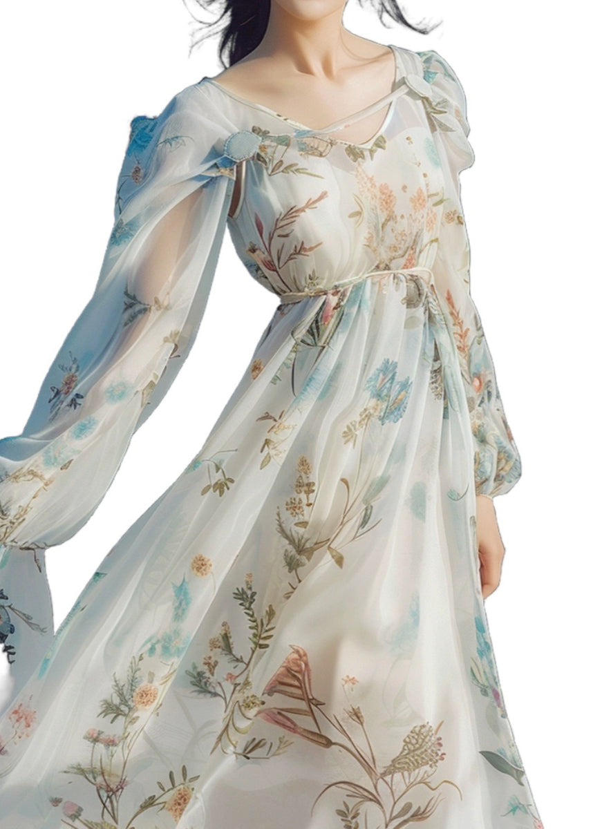 Chic Light Blue V Neck Print Chiffon Long Dress Long Sleeve KJ011 ZS-FDL240715