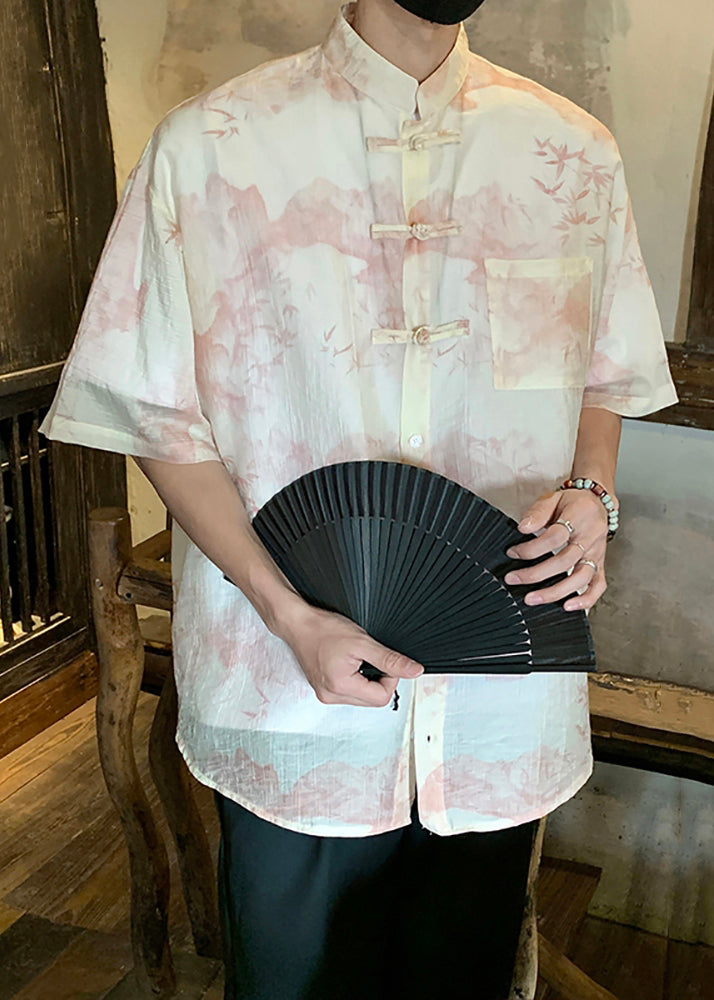 Chic Light Grey Chinese Button Print Ice Silk Mens Shirts Summer YT075 Men-Silk-MENSTP240721