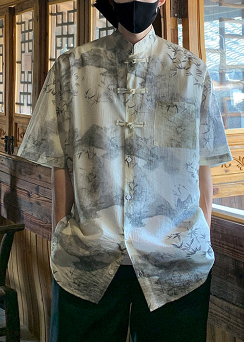 Chic Light Grey Chinese Button Print Ice Silk Mens Shirts Summer YT075 Men-Silk-MENSTP240721
