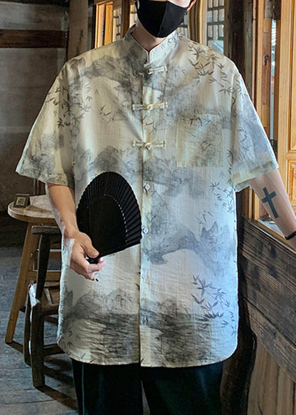 Chic Light Grey Chinese Button Print Ice Silk Mens Shirts Summer YT075 Men-Silk-MENSTP240721