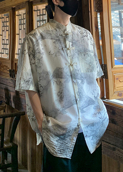 Chic Light Grey Chinese Button Print Ice Silk Mens Shirts Summer YT075 Men-Silk-MENSTP240721