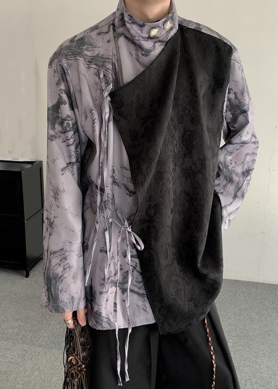 Chic Light Grey Lace Up Print Patchwork Men Shirts Long Sleeve YT062 Men-Silk-MENLTP240721