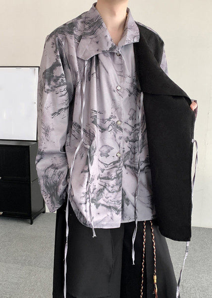 Chic Light Grey Lace Up Print Patchwork Men Shirts Long Sleeve YT062 Men-Silk-MENLTP240721