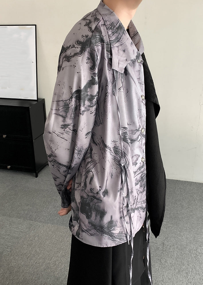 Chic Light Grey Lace Up Print Patchwork Men Shirts Long Sleeve YT062 Men-Silk-MENLTP240721