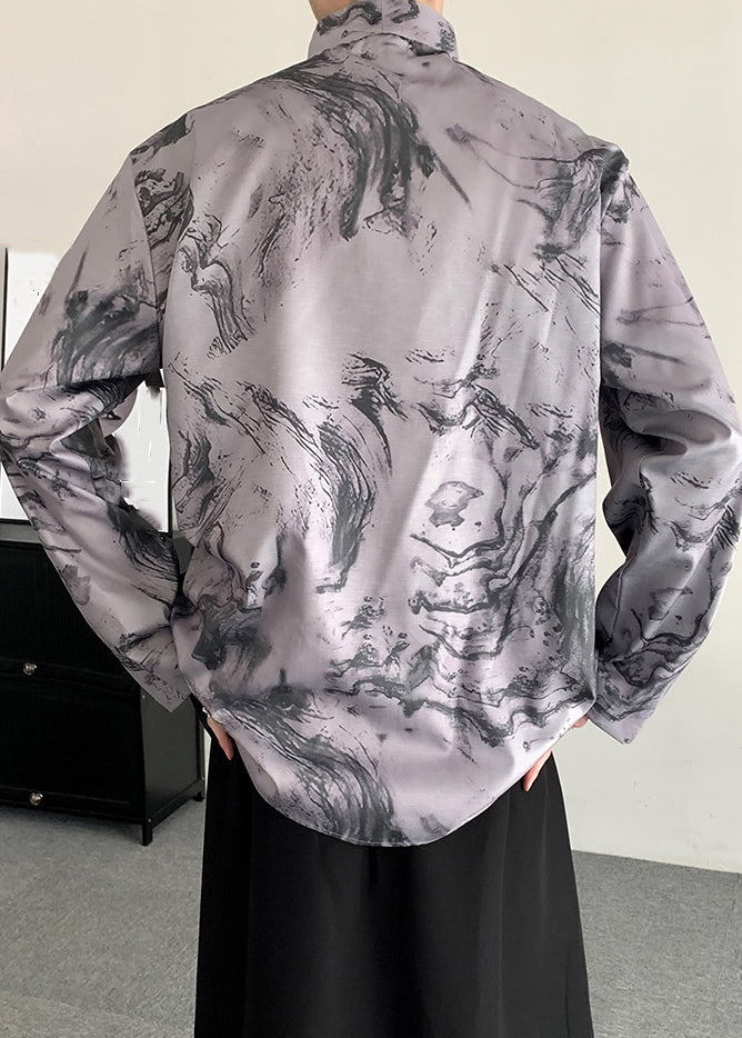 Chic Light Grey Lace Up Print Patchwork Men Shirts Long Sleeve YT062 Men-Silk-MENLTP240721