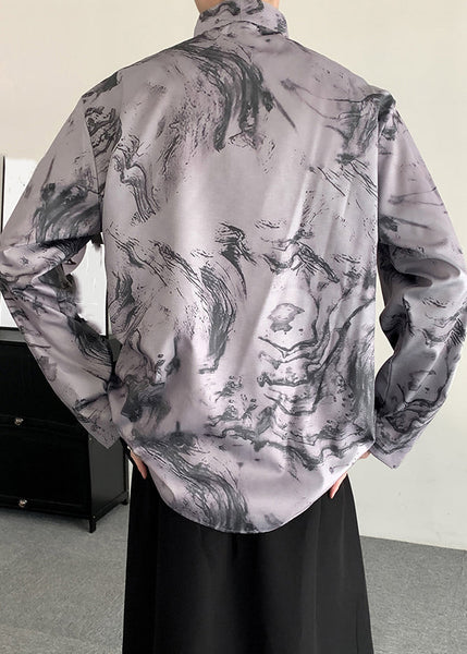 Chic Light Grey Lace Up Print Patchwork Men Shirts Long Sleeve YT062 Men-Silk-MENLTP240721