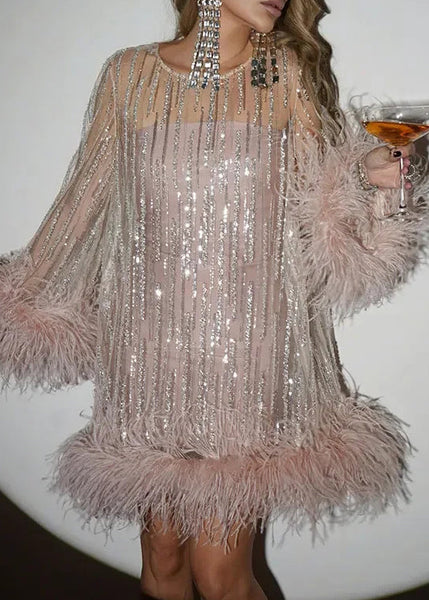 Tulle Patchwork Mid Sequins Chic Light Spring Pink Dress Fluffy FashionChic