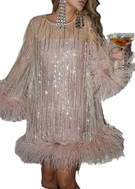 Tulle Patchwork Mid Sequins Chic Light Spring Pink Dress Fluffy FashionChic