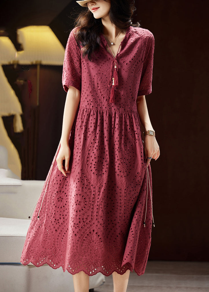 Chic Mulberry V Neck Hollow Out Sashes Cotton Maxi Dress Short Sleeve WW027 OL-SDL240812