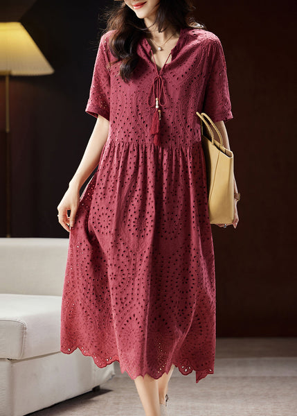 Chic Mulberry V Neck Hollow Out Sashes Cotton Maxi Dress Short Sleeve WW027 OL-SDL240812