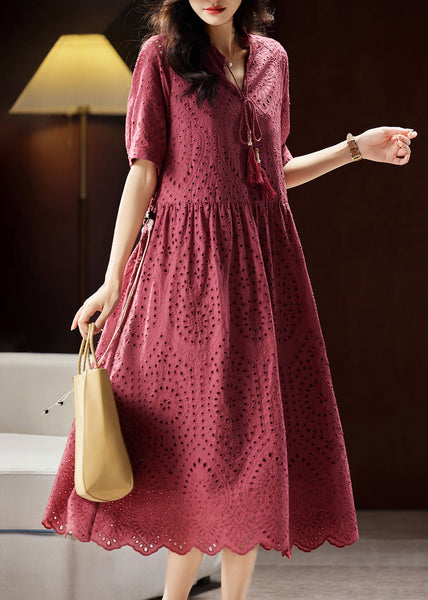 Chic Mulberry V Neck Hollow Out Sashes Cotton Maxi Dress Short Sleeve WW027 OL-SDL240812