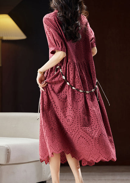 Chic Mulberry V Neck Hollow Out Sashes Cotton Maxi Dress Short Sleeve WW027 OL-SDL240812