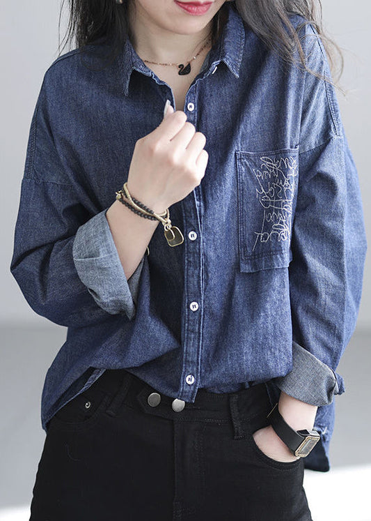 Chic Navy Embroidered Denim Shirt Spring TJ020