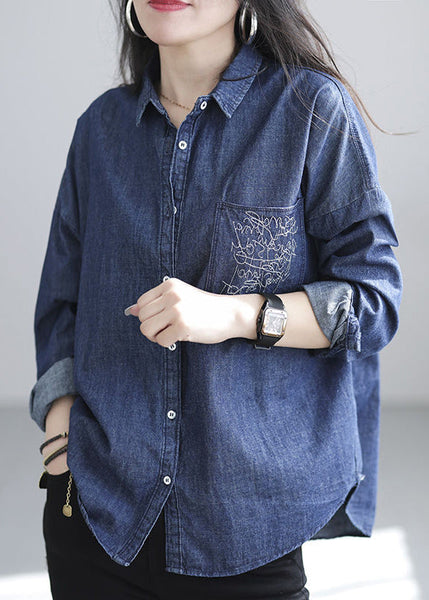 Chic Navy Embroidered Denim Shirt Spring TJ020