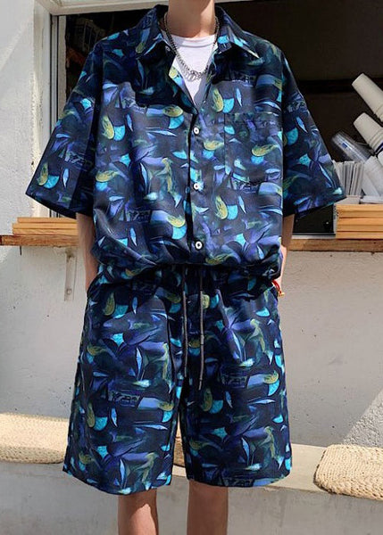 Chic Navy Print Pockets Ice Silk Mens Two Piece Set Short Sleeve HG058 Men-Silk-MENTS240725