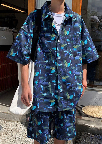 Chic Navy Print Pockets Ice Silk Mens Two Piece Set Short Sleeve HG058 Men-Silk-MENTS240725