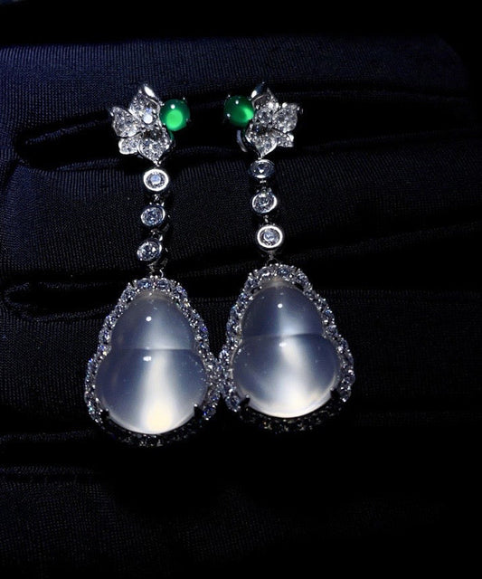 Chic Nude Sterling Silver Inlaid Zircon Jade Gourd Drop Earrings AC1064 Genistyle Shop