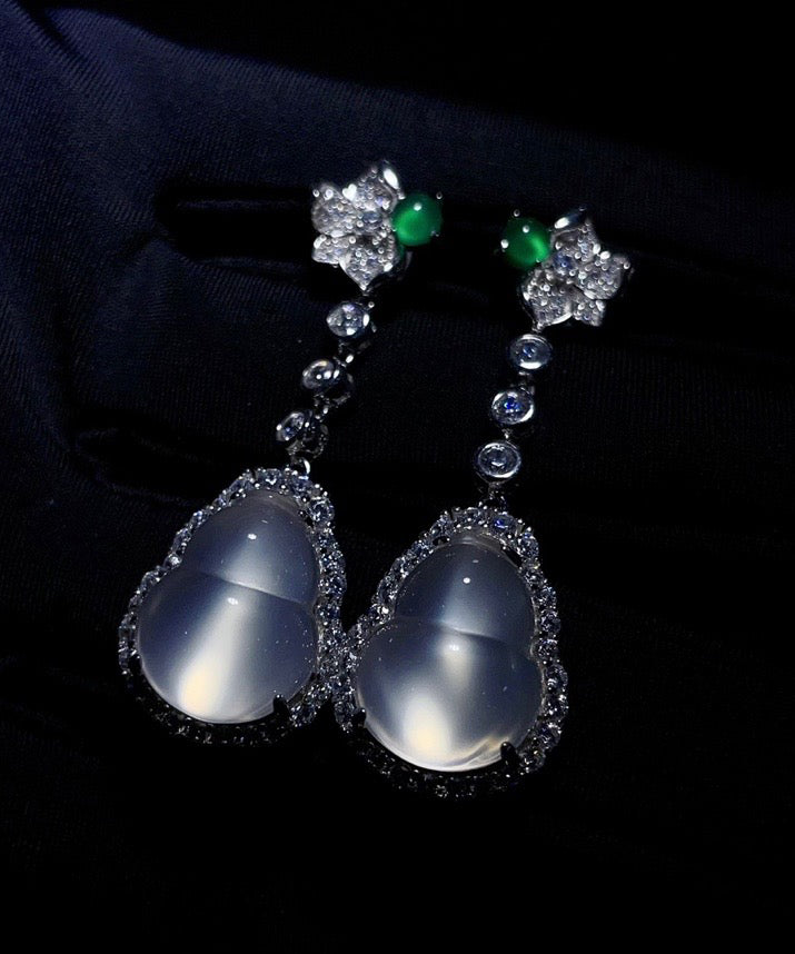 Chic Nude Sterling Silver Inlaid Zircon Jade Gourd Drop Earrings AC1064 Genistyle Shop