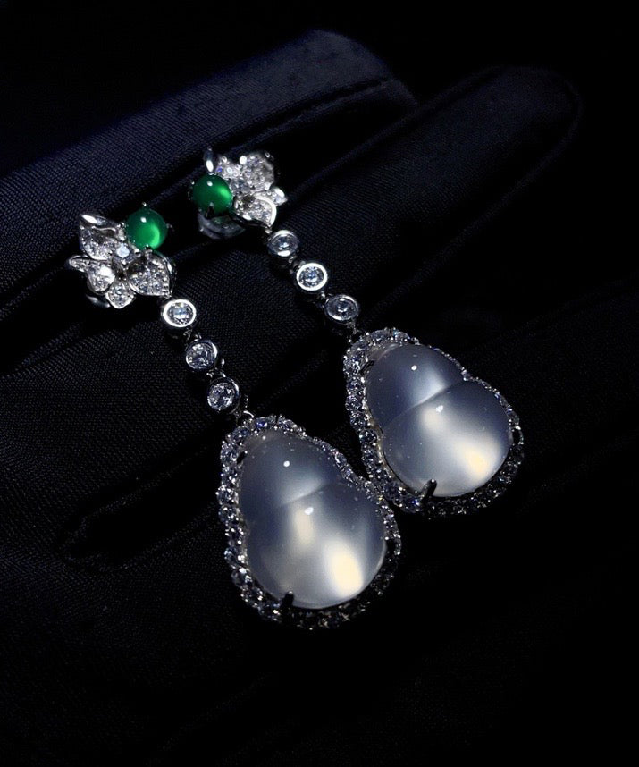 Chic Nude Sterling Silver Inlaid Zircon Jade Gourd Drop Earrings AC1064 Genistyle Shop