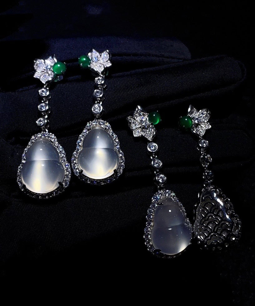 Chic Nude Sterling Silver Inlaid Zircon Jade Gourd Drop Earrings AC1064 Genistyle Shop