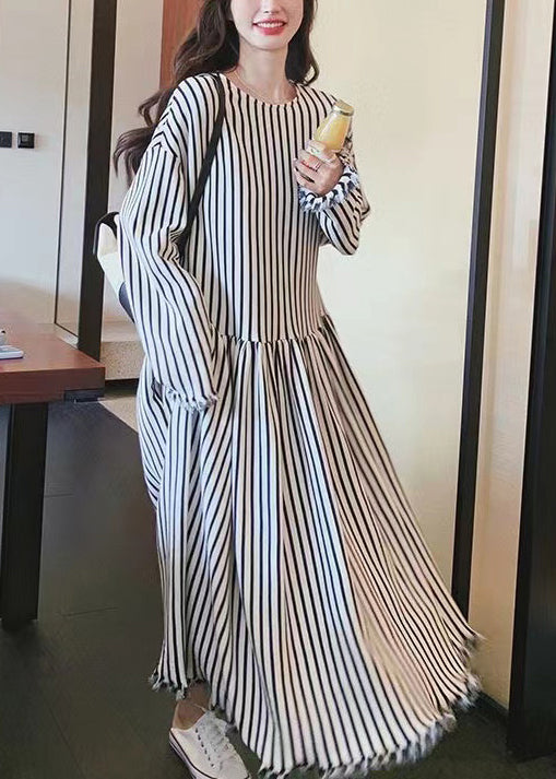 Chic O Neck Striped Patchwork Cotton Long Dresses Long Sleeve BV038 MZF-FDL240702