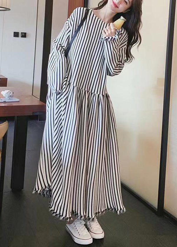 Chic O Neck Striped Patchwork Cotton Long Dresses Long Sleeve BV038 MZF-FDL240702