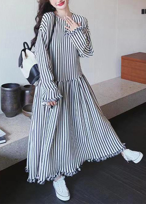 Chic O Neck Striped Patchwork Cotton Long Dresses Long Sleeve BV038 MZF-FDL240702