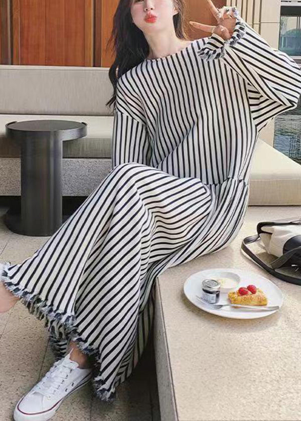 Chic O Neck Striped Patchwork Cotton Long Dresses Long Sleeve BV038 MZF-FDL240702