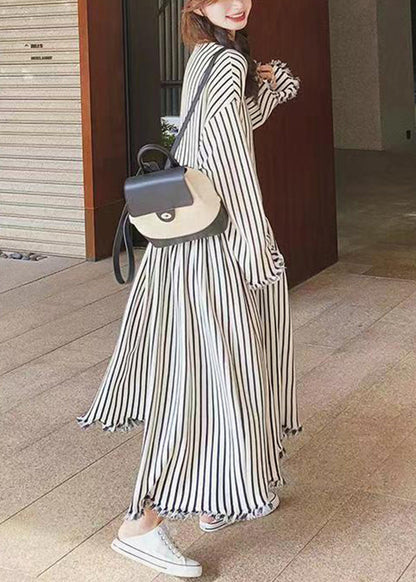 Chic O Neck Striped Patchwork Cotton Long Dresses Long Sleeve BV038 MZF-FDL240702