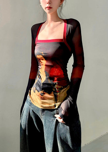 Chic Oil Painting Style Square Neck Slim Fit T Shirt Fall AL1068 Genistyle Shop